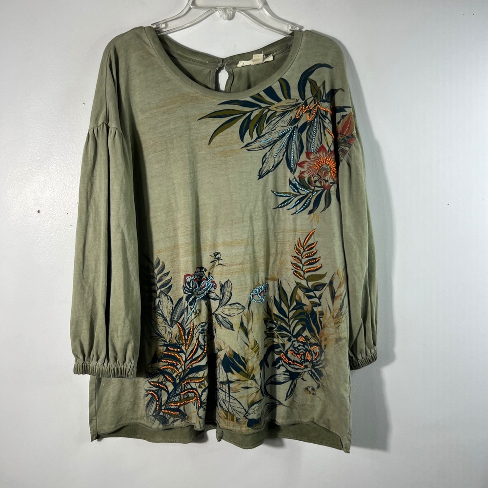 Womens Farmers Market Flower Beaded Boho Tunic Green M‎ 1/2 Sleeve Cotton